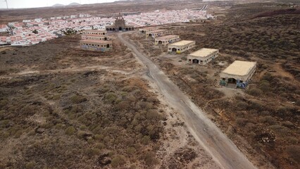 Aerial view of abandoned buildings of leper sanitorium and army base in Abades, Tenerife - obrazy, fototapety, plakaty