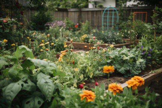 close-up of community garden with thriving plants, flowers, and vegetables, created with generative ai