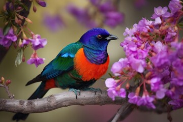 Fototapeta premium colorful bird resting on tree branch, surrounded by blooming flowers, created with generative ai
