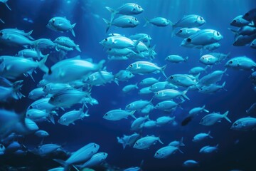 Naklejka na ściany i meble school of fish swimming in a neon blue underwater world, created with generative ai