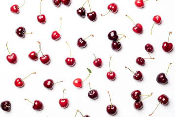 Obraz na płótnie Canvas Set of red cherries isolated and separated from each other, on a white background. Nice background of red fruits rich in vitamins