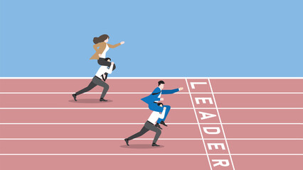 Business competition concept. Boss rides piggyback on employee team staff and runs on a race track to win at the LEADER finish line. Teamwork, work hard, target, contest, and performance concept.
