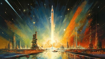 Illustration of starting space rocket with smoke clouds. Generative AI