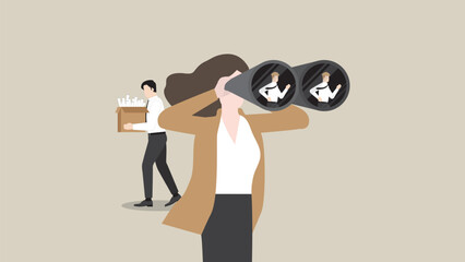 ฺHR businesswoman uses binoculars to find candidate for a resigned or fired company employee. Headhunting, Human Resource, job vacancy, Recruitment, hiring, employment, and career opportunity concept.