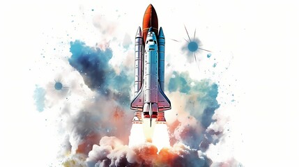 Illustration of starting space rocket with smoke clouds, isolated on white background. Generative AI