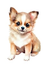 Cute puppy on white background, cartoon watercolor illustration. Generative AI.