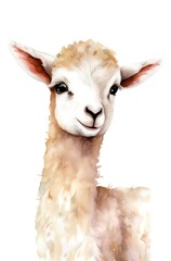 Portrait of a cute alpaca on white background, cartoon watercolor illustration. Generative AI.