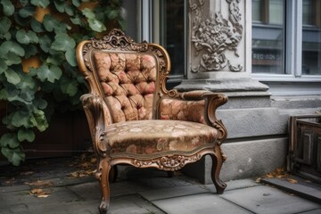 old armchair with wooden frame and beautiful upholstery, ready for a new life in the home, created with generative ai