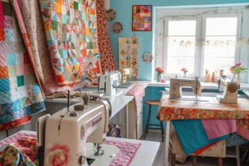 sewing room, with sewing machines in use and fabrics in vibrant colors, created with generative ai - obrazy, fototapety, plakaty