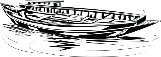 Panoramic vector illustration of a fishing boat looking like a drawing on a white background