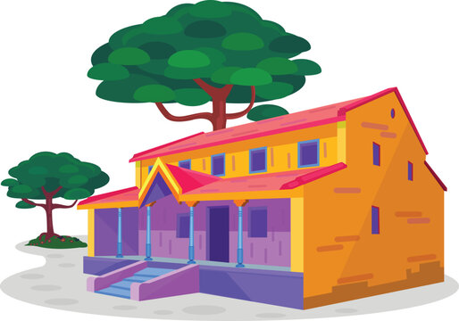 Colorful Indian house and some trees on a white background