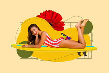 Collage of attractive nice stunning slim fit girl wear bikini plage wanderlust swimming surfboard...