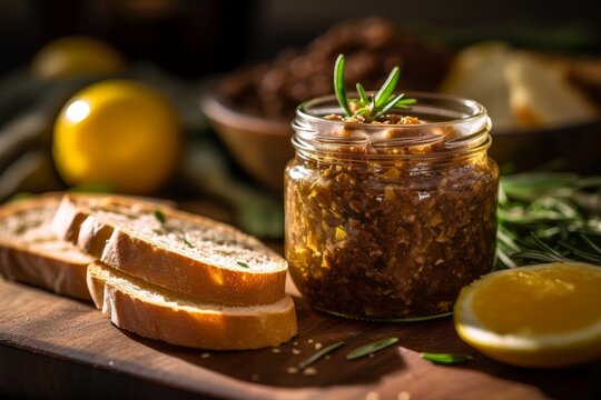 an olive tapenade in a jar on a rustic table with fresh rosemary, lemon, and ciabatta bread slices taken with a Canon EOS 80D camera, using a wide-angle lens --v 5.1 --ar 3:2