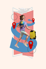 Collage of young tourist guy hold globus running with suitbags arrow direction geotag explore all countries isolated on beige background