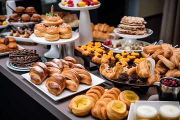 Set of coffee break in the hotel during conference meeting with tea and coffee catering decorated banquet table with variety of different desserts pastry and bakery with croissants and cookies - obrazy, fototapety, plakaty