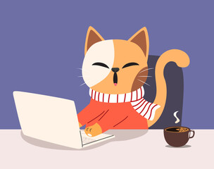 Vector illustration of cute cat using laptop drinking hot drink. Famous video blogger star animal