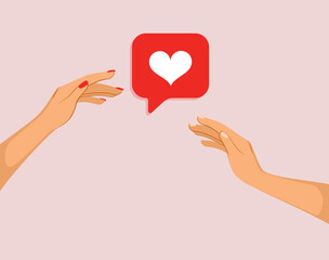 Vector illustration of arms pointing fingers on heart sign. Male and female hands trying to reach feedback sign on pink background