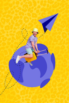 Vertical collage image of excited guy flying suitcase paper plane around planet earth globe isolated on yellow background