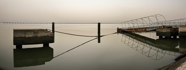 Panoramic shot of the dock over the water in Parque das Nacoes, Lisbon, Portugal