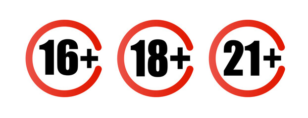 Age limit sign set. Adults content only age restriction.Censure warning age plus. Vector .