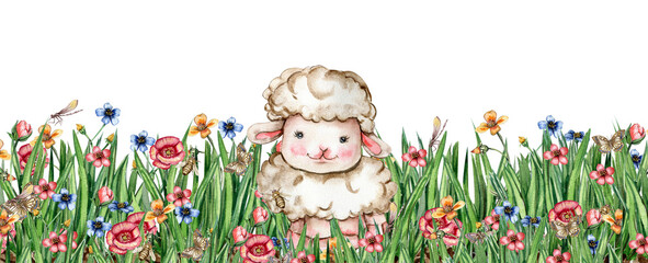 White fluffy sheep sitting in the field of grass with flowers and butterflies. Watercolor hand drawn illustration of farm baby animal . Perfect for greetings card, poster, fabric pattern.