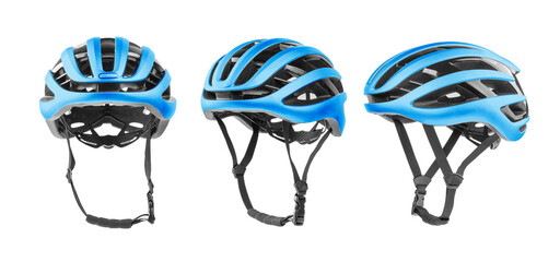 Set of blue bicycle helmets with side, front views. Isolated on white background