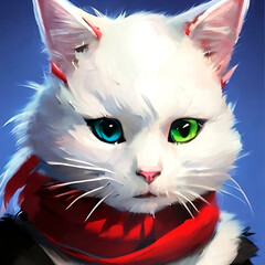 Cat white in a red scarf close-up drawing