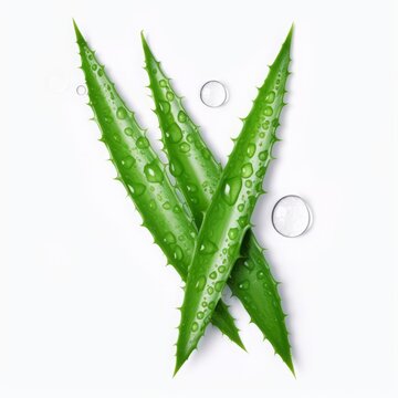 Flatlay (top view) of Aloe vera cutting leaves with sliced and water drops isolated on white background