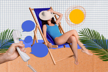 Photo banner image collage of sexy attractive girl enjoy sunbathing relax rest listen travel...