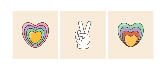 Retro posters of the 60-70s.  Cartoon illustration in trendy retro psychedelic style. Groovy hippie 70s set.