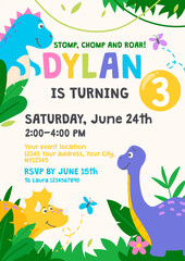 Dinosaur Birthday party design template with cartoon characters t-rex, triceratops, brontosaurus. Jurassic themed B-day invitation colorful design. Flat style vector illustration. Dino party card. © mitoria