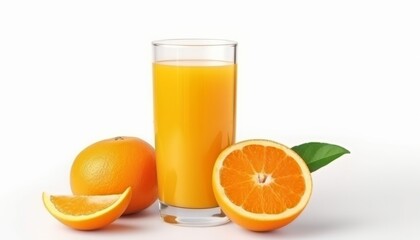 Fototapeta na wymiar Glass of 100% Orange juice with orange sacs and slices fruits isolate on white background