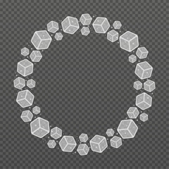 Round frame with 3d ice cubes and bubbles. Isolated vector illustration.
