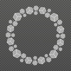 Round frame with 3d ice cubes and bubbles. Isolated vector illustration.

