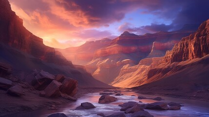 A river flowing through canyons at sunset - Generative AI