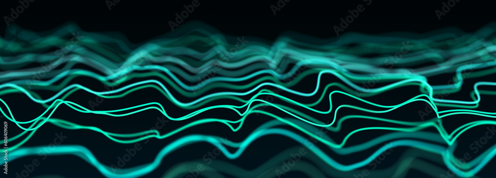 Poster Abstract background of points. Wave of cyber particles. Big data stream. 3d rendering