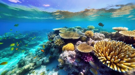 Naklejka na ściany i meble coral reef with fish - Generative AI