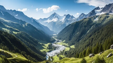 Fototapeta na wymiar Panorama of alpine nature with snow-capped mountains - Generative AI