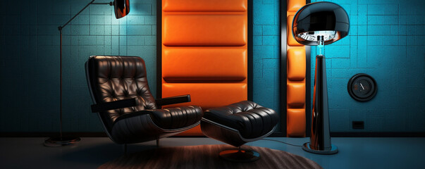 Vibrant Harmonies: Orange and Blue Music Listening Space with a Comfy Chair, Generative AI