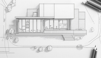 Top view of architect drawing on architectural project of villa