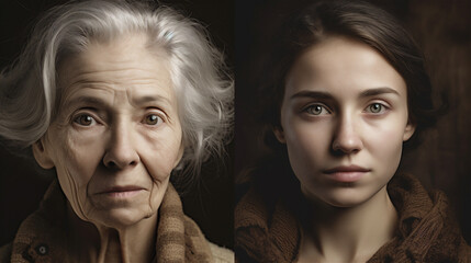 Same Person - 50 Years Apart. Cropped composite image of a woman when she was young and old.
Content was not based on a real person. - Powered by Adobe