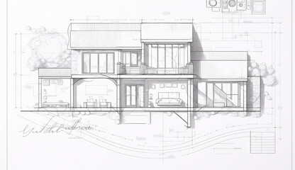 Top view of architect drawing on architectural project of villa