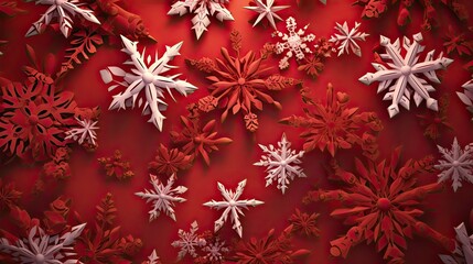 Naklejka na ściany i meble Red Christmas background with white snowflakes. Generative AI