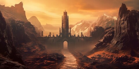 Road to the Black Gate of Mordor. In J. R. R. Tolkien's fictional world of Middle-earth, Mordor is the kingdom and base of the evil Sauron. Generative AI. - obrazy, fototapety, plakaty