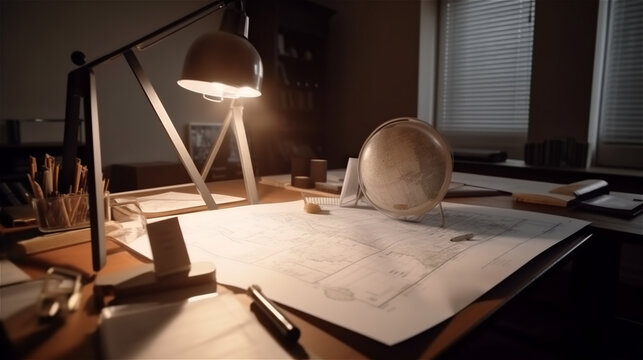Architect's desktop. Architect is working with drawings. Office work.