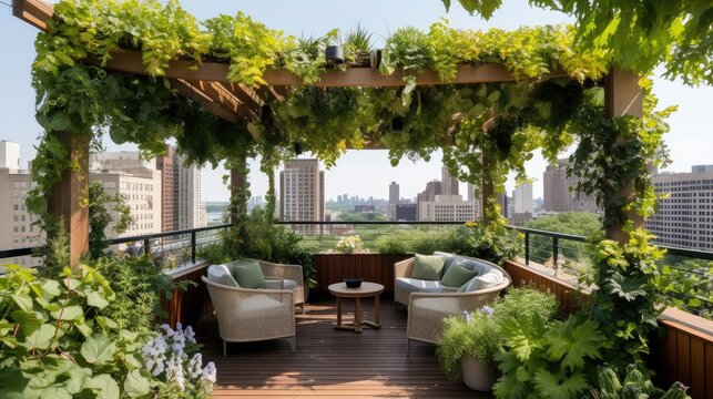 A contemporary urban rooftop garden with a variety of lush plants, comfortable seating, and a stylish pergola for shade and relaxation. generative ai
