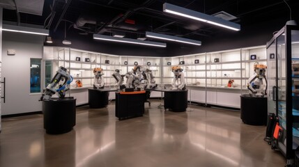 A cutting - edge robotics lab with advanced robotic arms, computer workstations, and a testing area. The lab is at the forefront of technological innovation and automation. generative ai