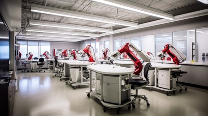 A cutting - edge robotics lab with advanced robotic arms, computer workstations, and a testing area. The lab is at the forefront of technological innovation and automation. generative ai