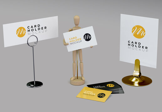 Card Holder Set with Wooden Mannequin Mockup