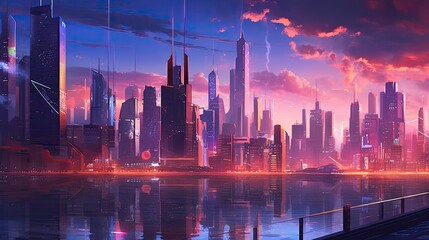 A futuristic cityscape at sunset, with towering skyscrapers and neon lights illuminating the skyline.